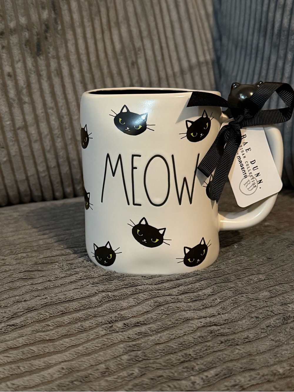 Rae Dunn MEOW Cat Mug - White with Black Cat Faces and Yellow Eyes NWT